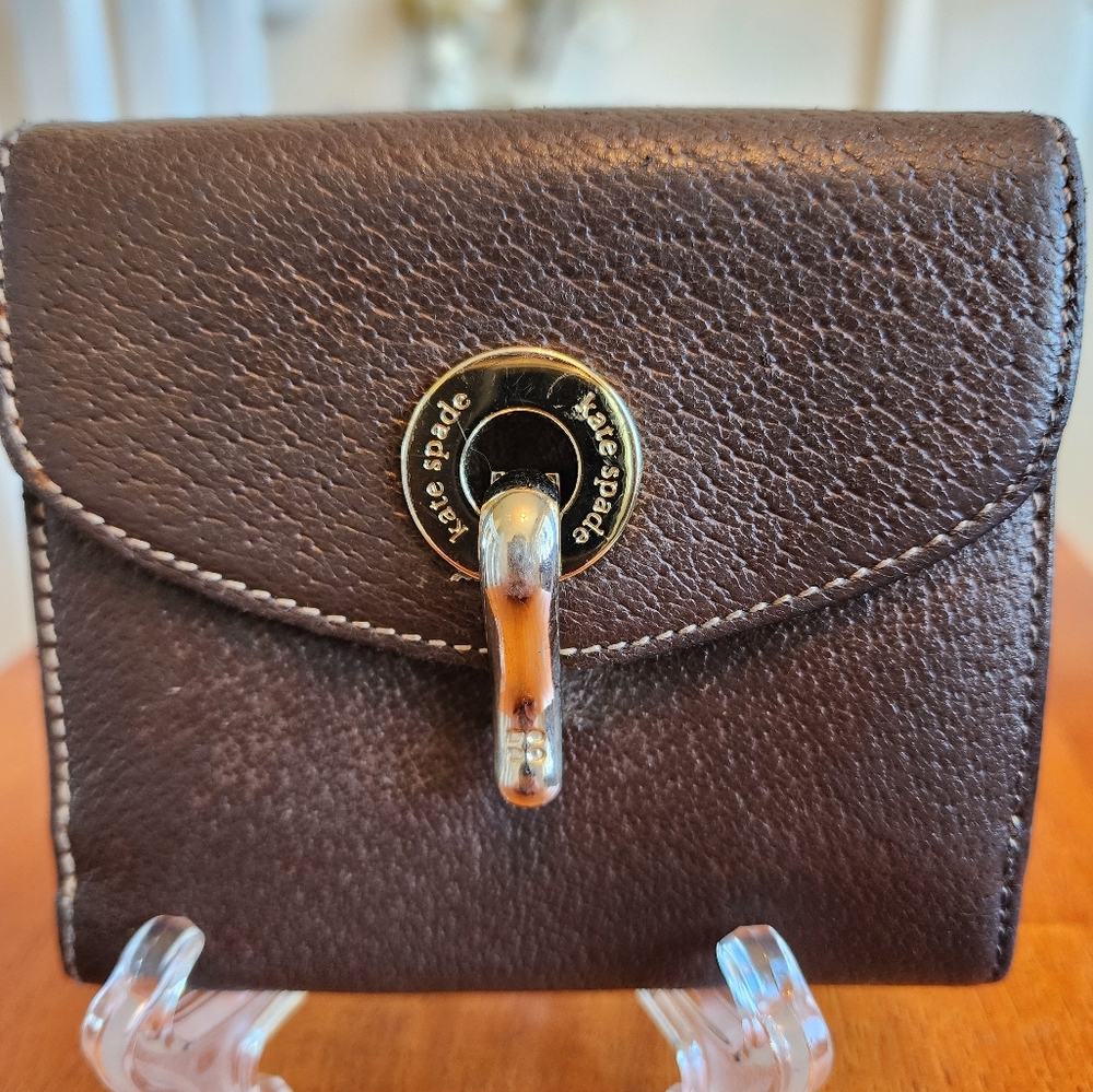 Kate Spade Brown Leather Wallet with Yellow Leather And Green Polka Dot Interior